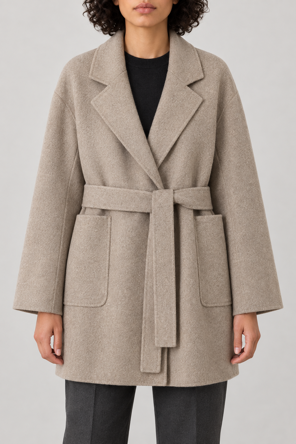 Cashmere Belted Wrap Coat, Oatmeal, front