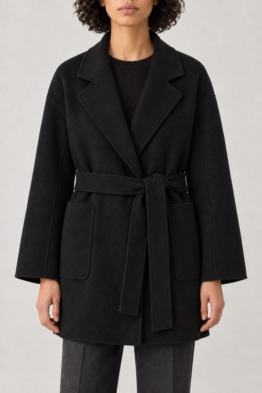 Cashmere Belted Wrap Coat, Black, front