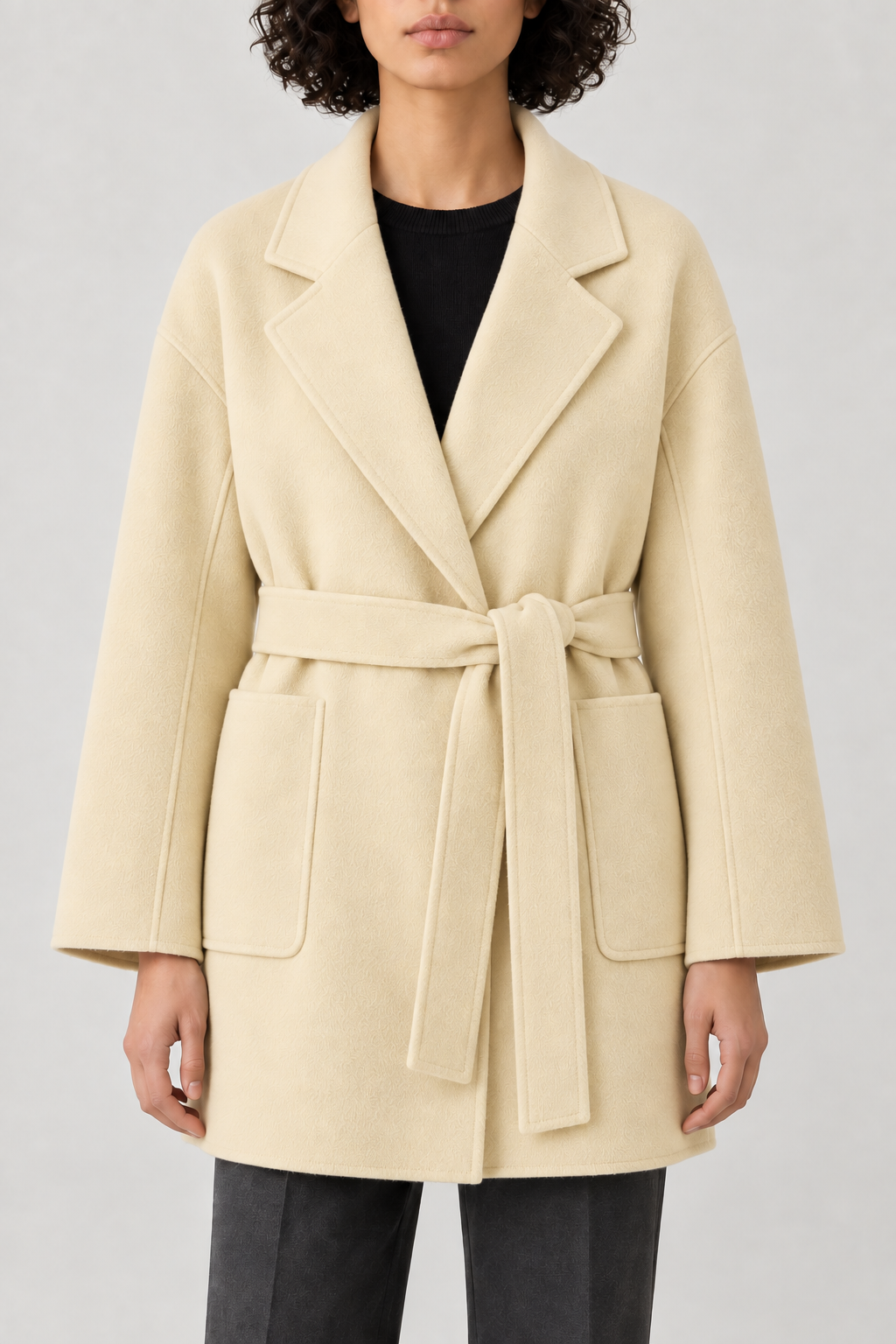 Cashmere Belted Wrap Coat, Butter Yellow, front