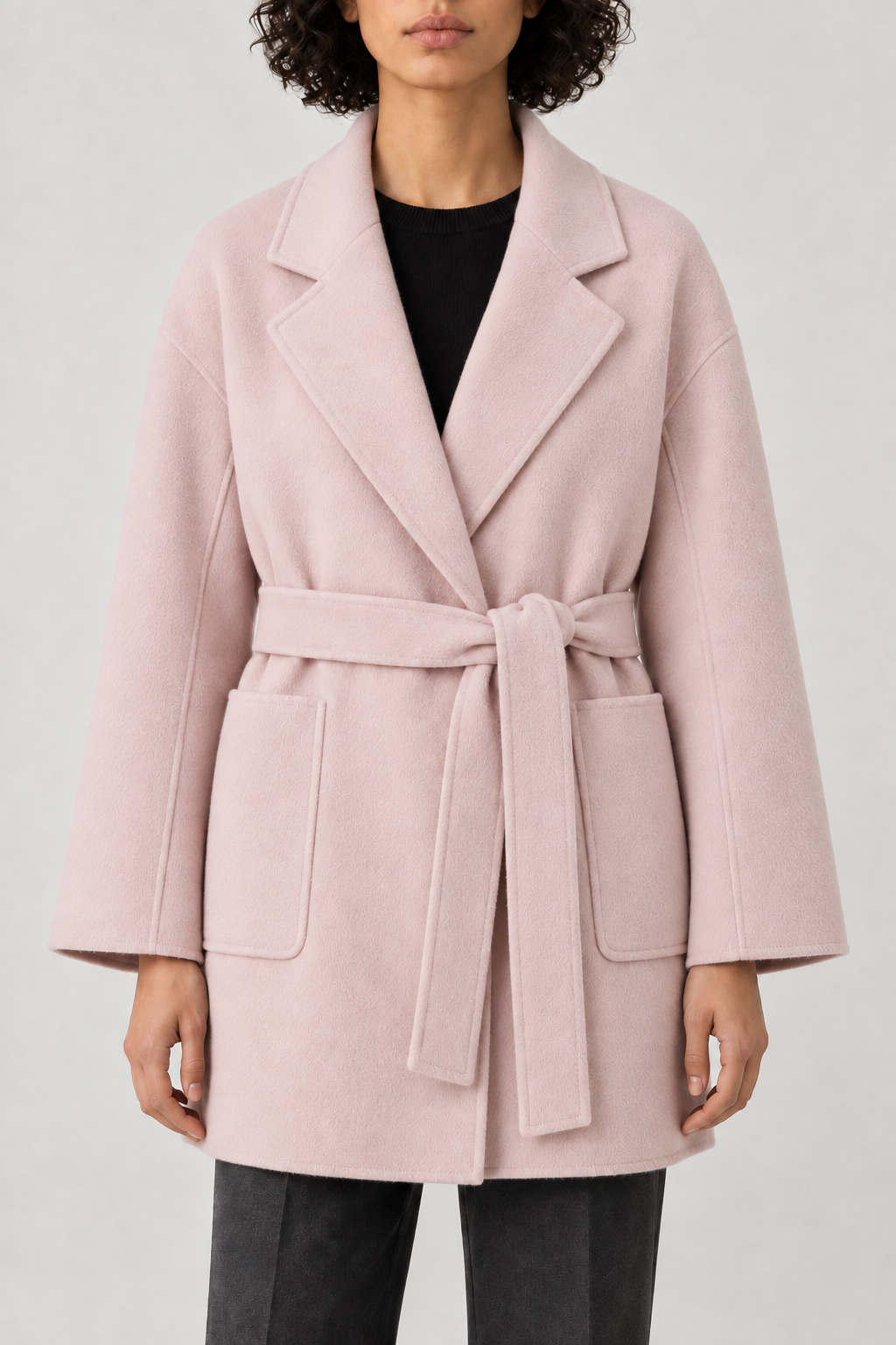 Cashmere Belted Wrap Coat, Blush Pink, front