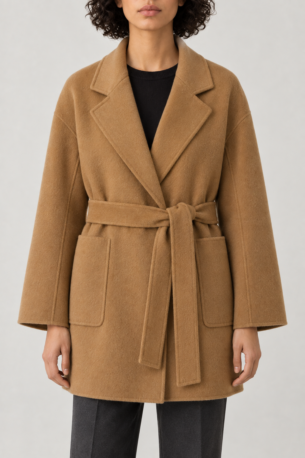 Cashmere Belted Wrap Coat, Rich Camel, front