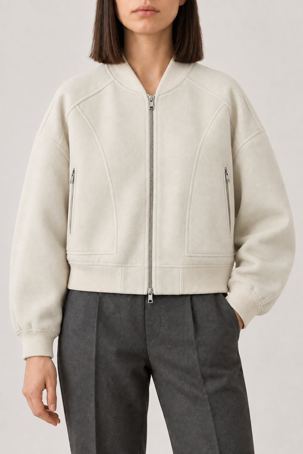 Merino Ribbed-Collar Bomber Jacket, Off White, front