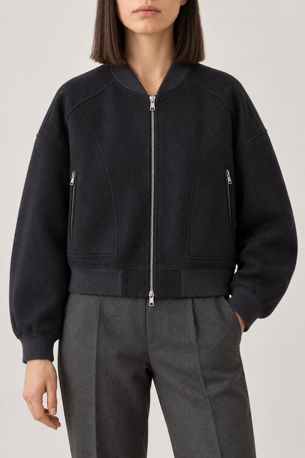 Merino Ribbed-Collar Bomber Jacket, Ink Charcoal, front