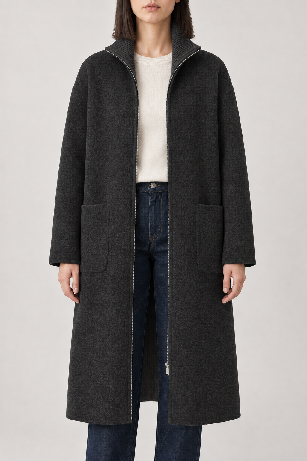 Merino Double-Face Coat, Charcoal, front