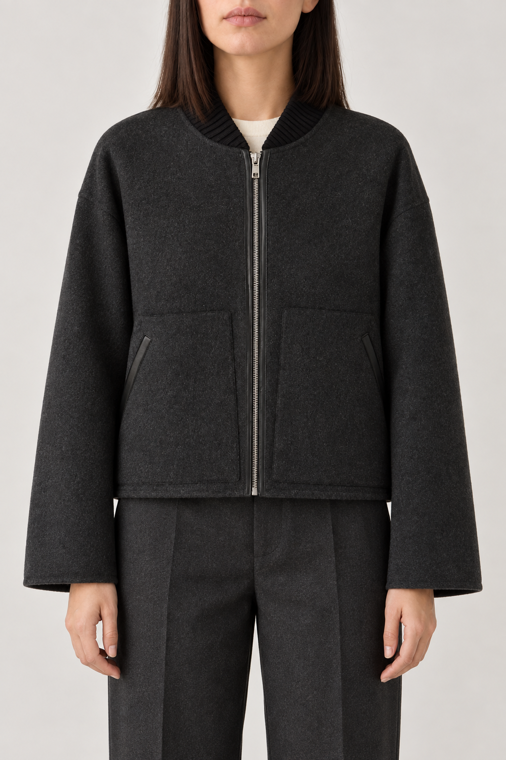 Cashmere Baseball-Collar Coat, Charcoal, front