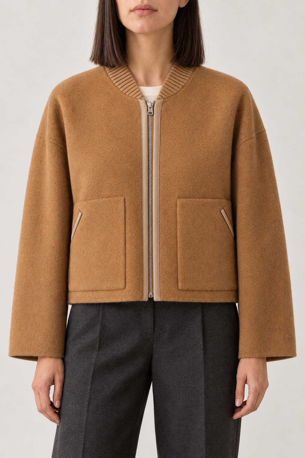 Cashmere Baseball-Collar Coat, Camel, front