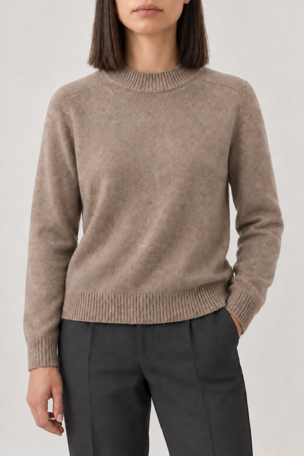 Cashmere Ribbed Mockneck Sweater, Oat Taupe, front