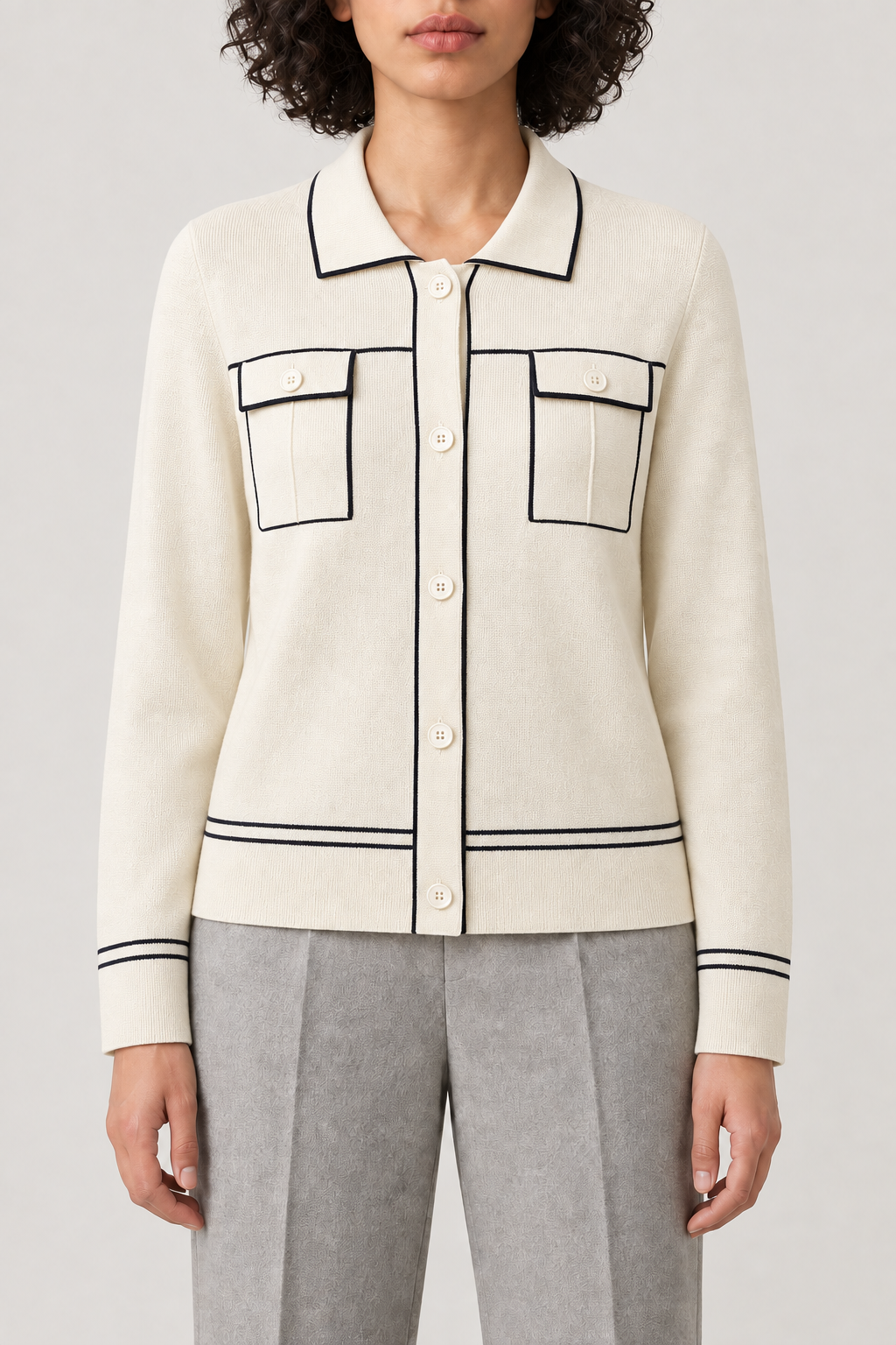 Merino Chest-Pocket Cardigan, Ivory, front