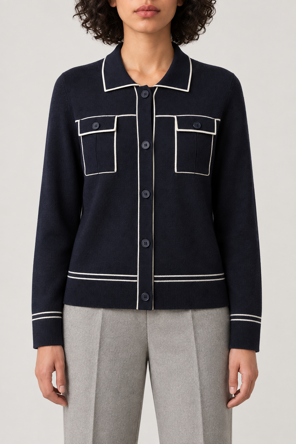 Merino Chest-Pocket Cardigan, Navy, front