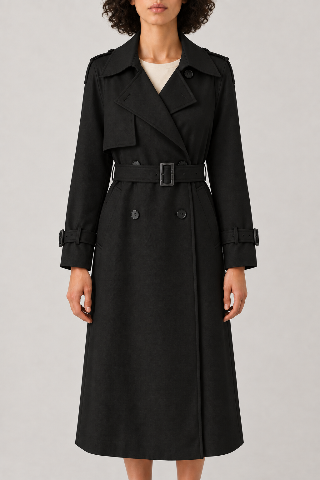 Double-Breasted Belted Trench, Black, front