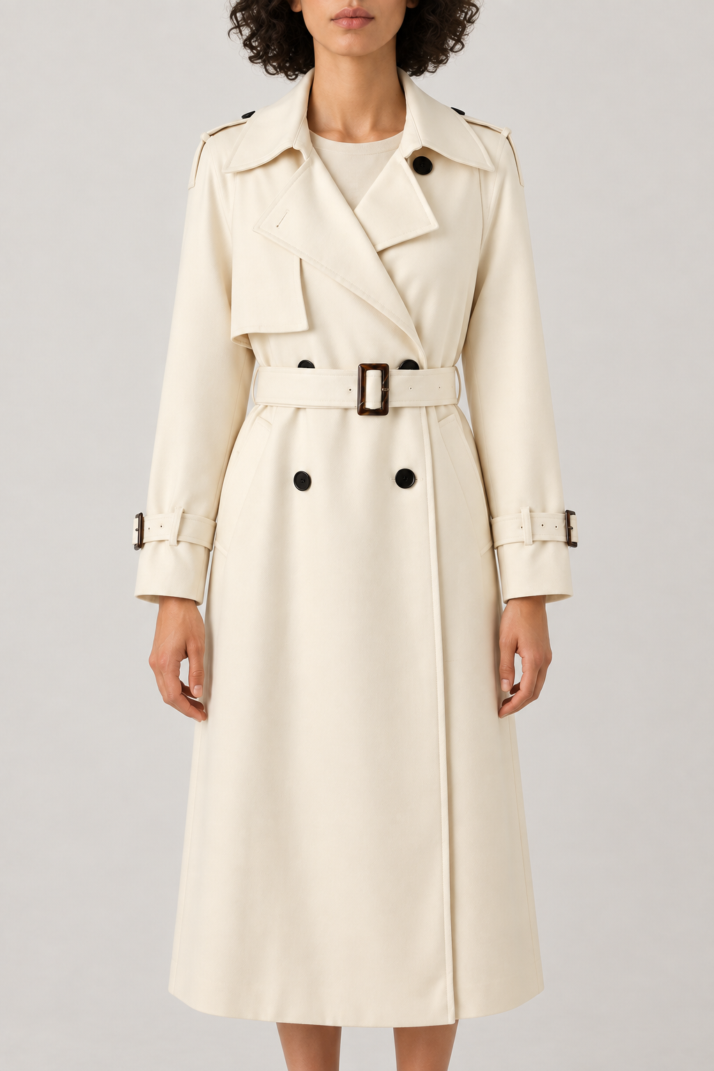 Double-Breasted Belted Trench, Ivory, front