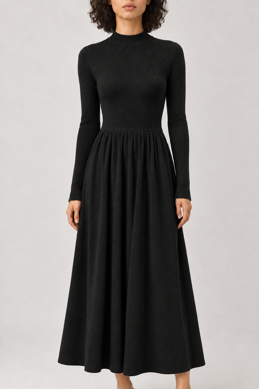 Merino Mock-Neck Knit Dress, Black, front