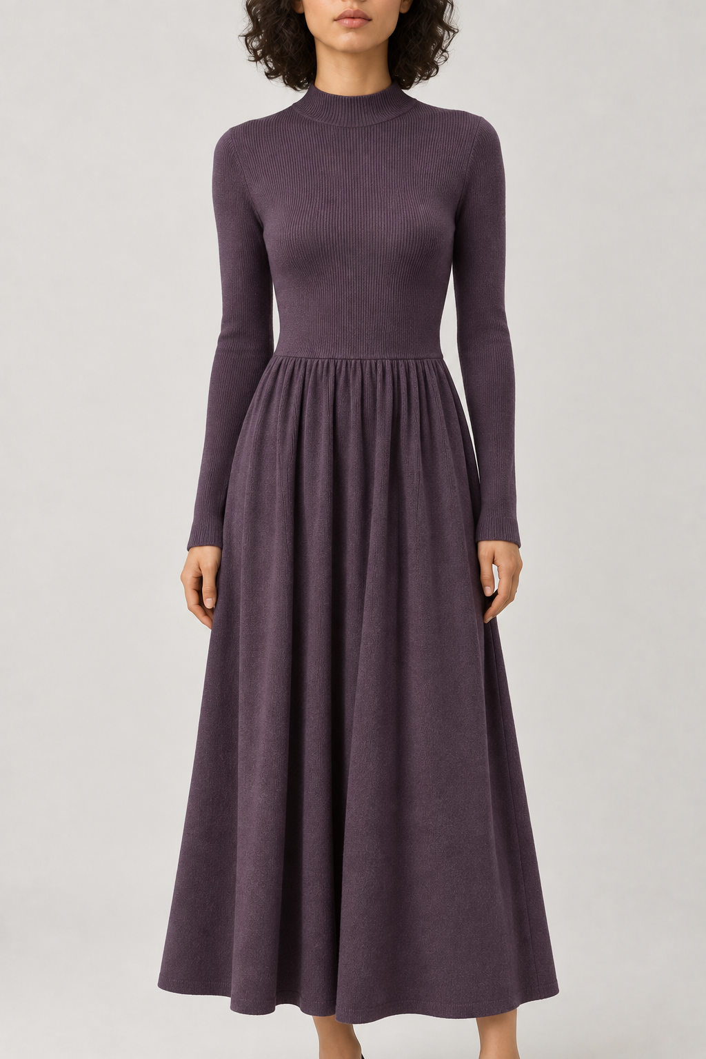 Merino Mock-Neck Knit Dress, Taro Purple, front