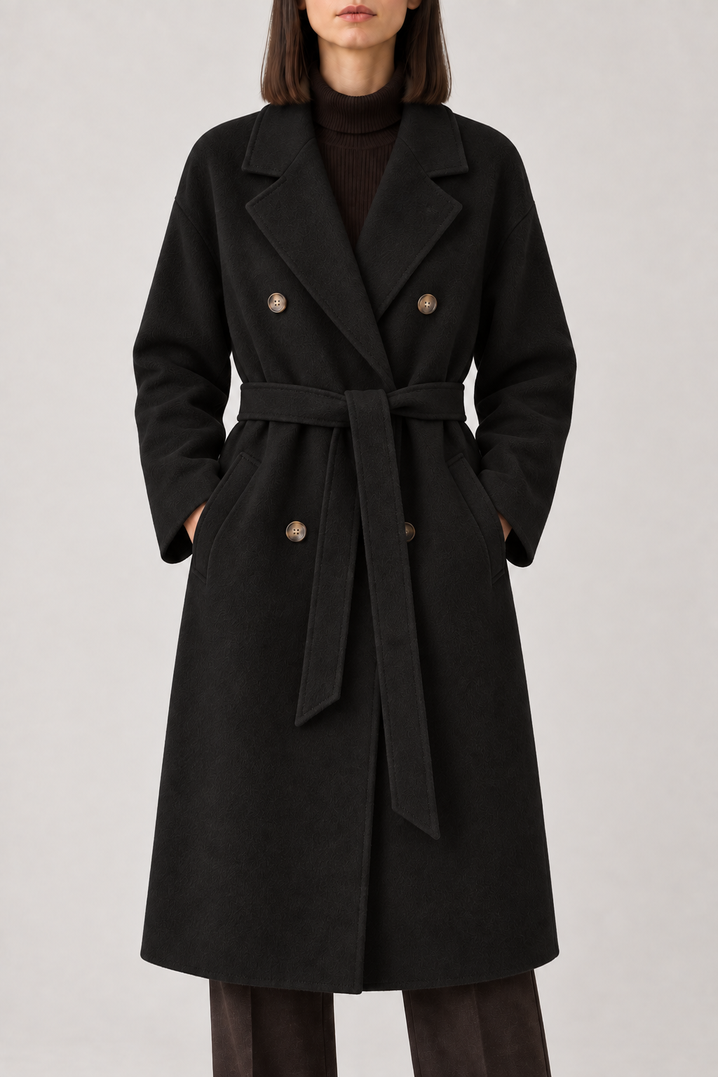 Cashmere Double-Breasted Coat, Black, front