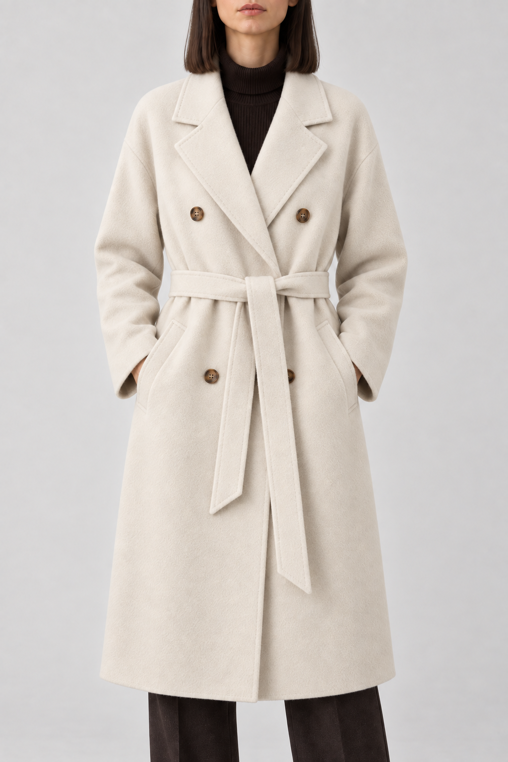 Cashmere Double-Breasted Coat, Soft White, front