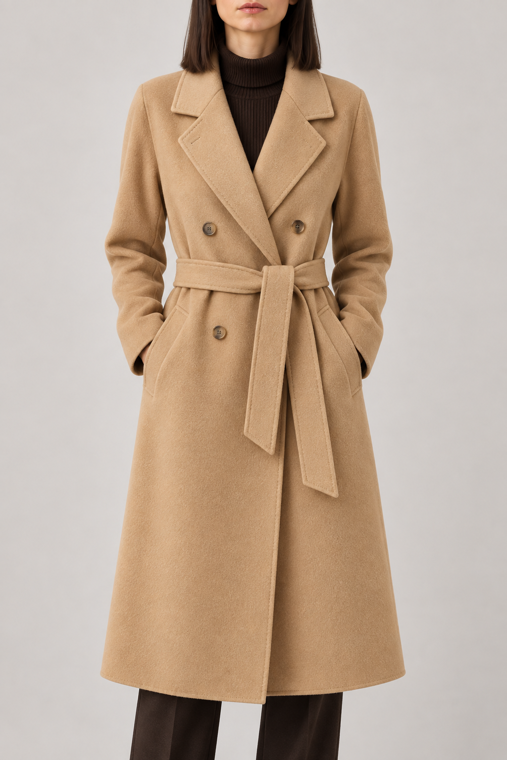 Cashmere Double-Breasted Coat, Camel, front