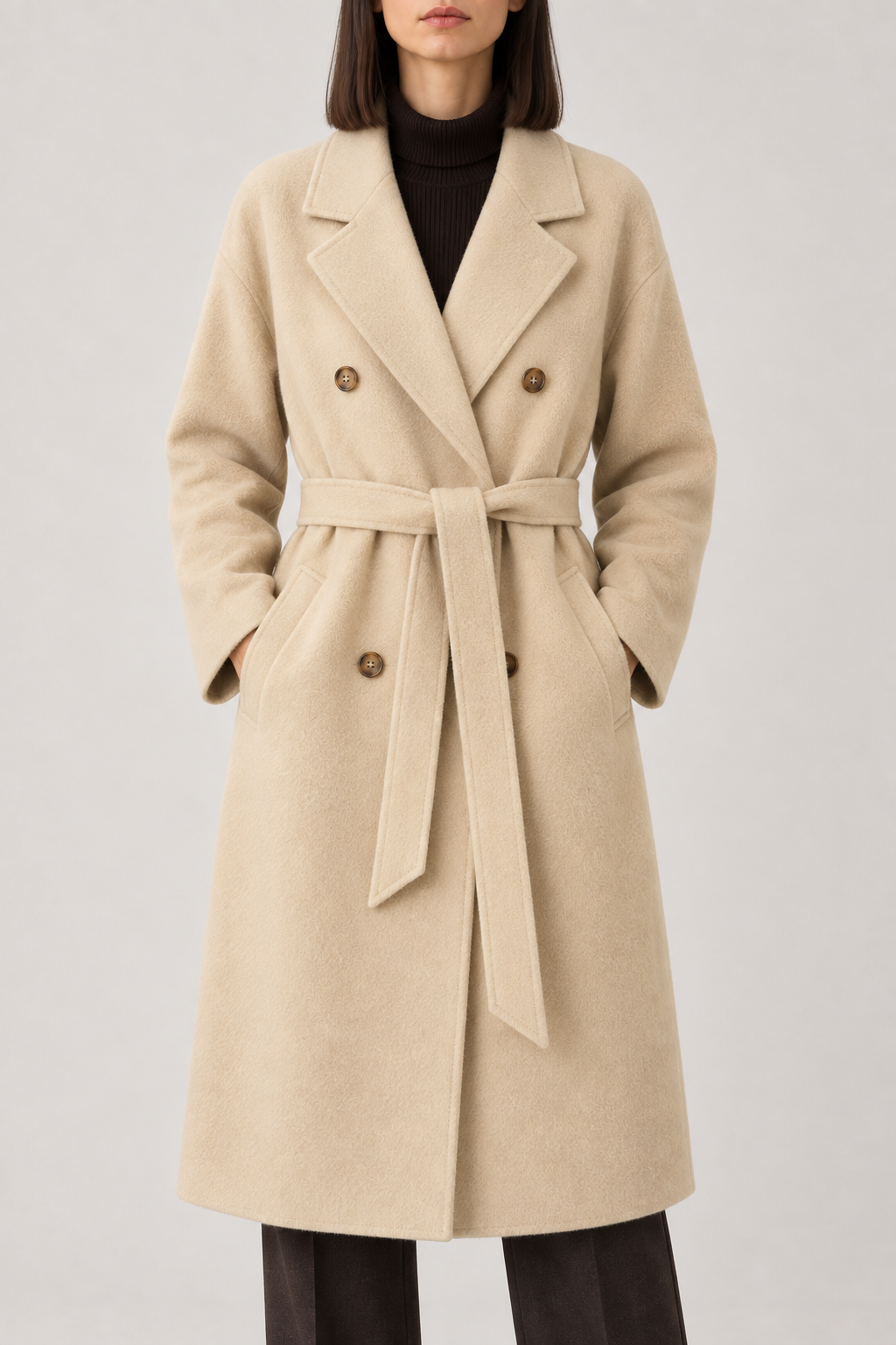Cashmere Double-Breasted Coat, Warm Beige, front