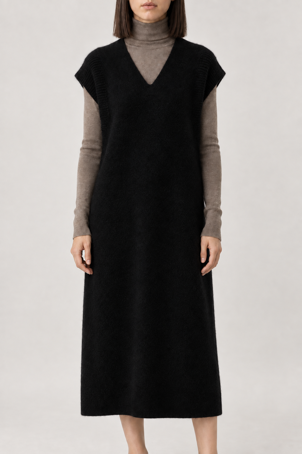 Cashmere V-Neck Knit Vest Dress, Black, front