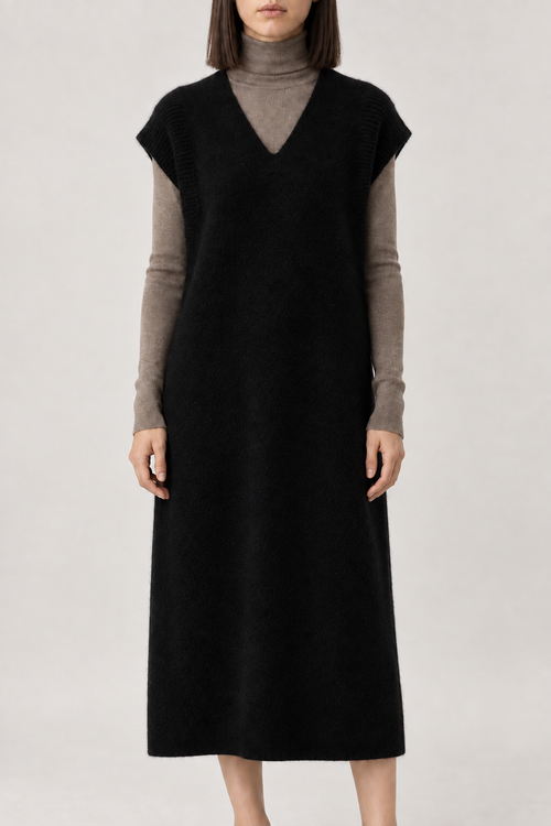 Cashmere V-Neck Knit Vest Dress, Black, front