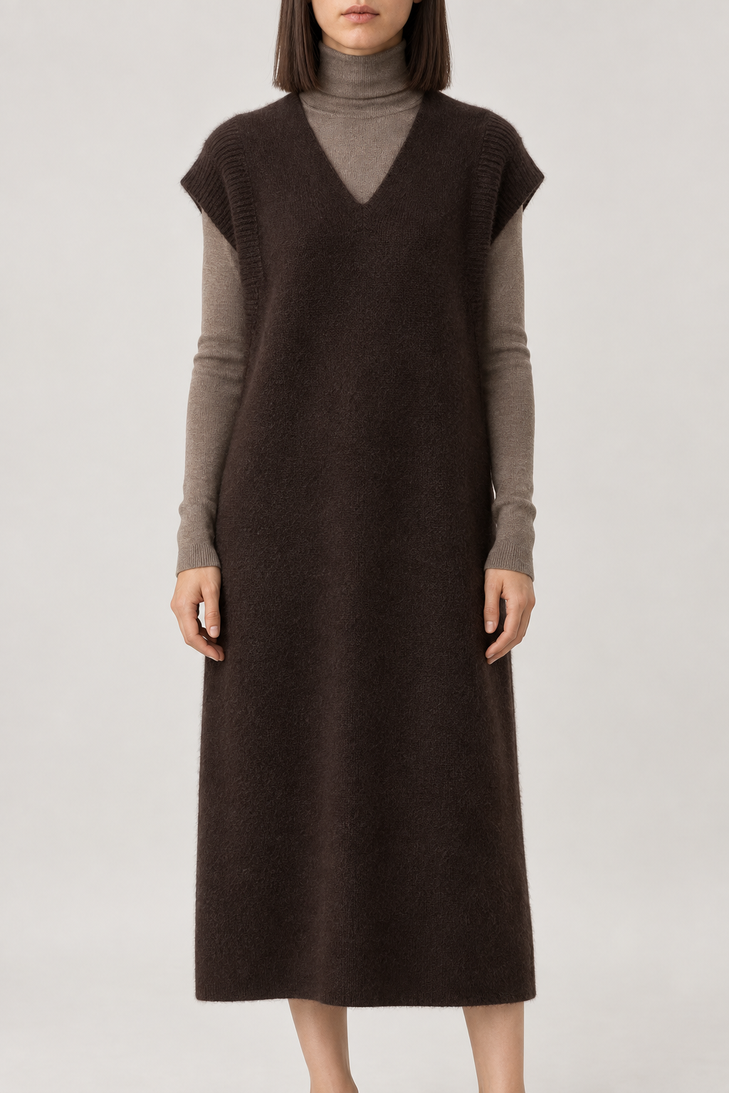 Cashmere V-Neck Knit Vest Dress, Brown, front
