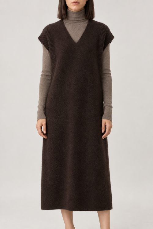 Cashmere V-Neck Knit Vest Dress, Brown, front