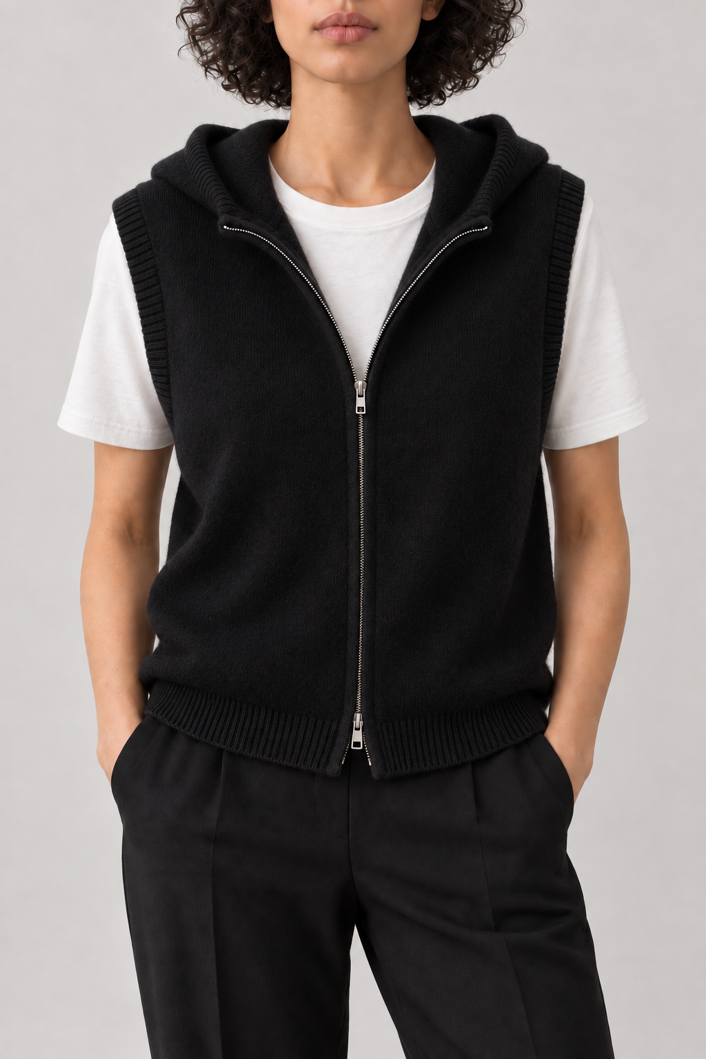 Cashmere Hooded Zip Vest, Black, front