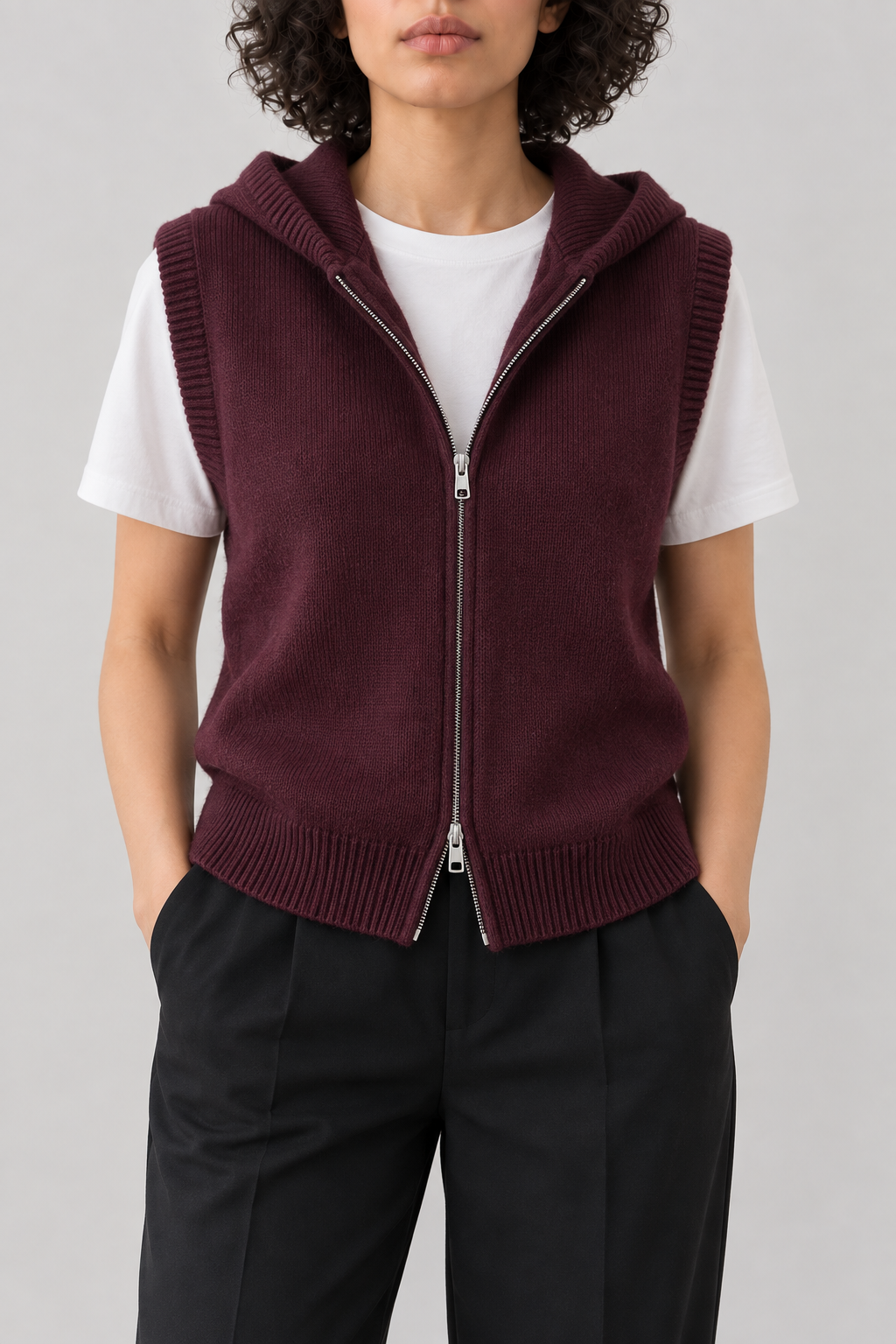 Cashmere Hooded Zip Vest, Wine, front