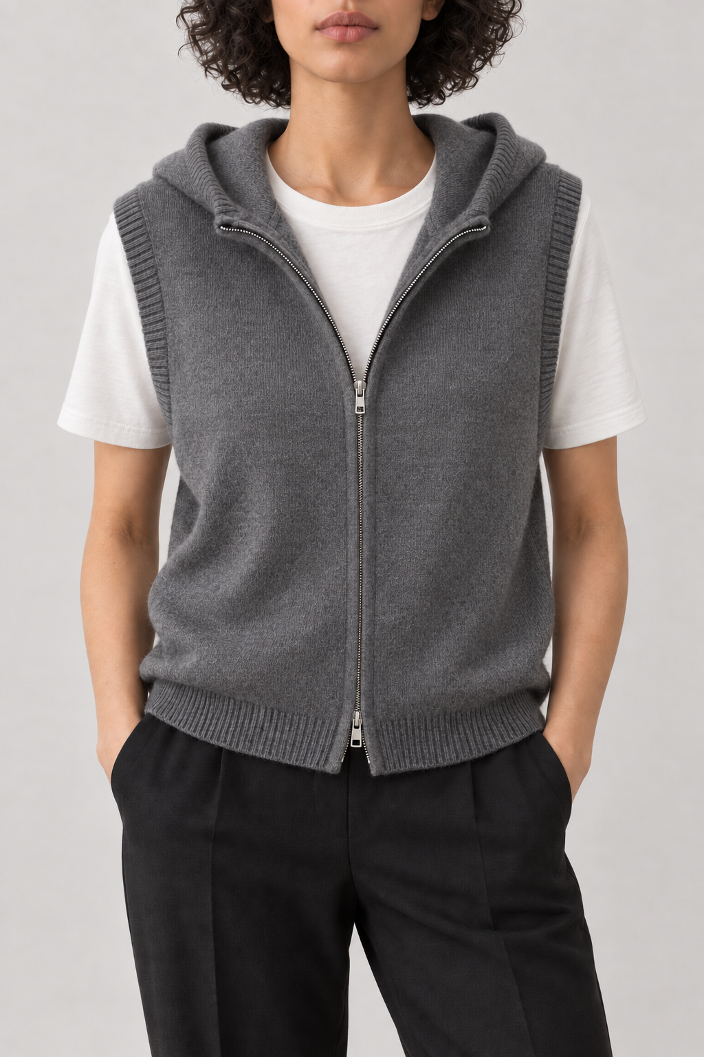 Cashmere Hooded Zip Vest, Heather Grey, front