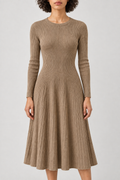 Ribbed Flared Dress, Taupe Camel, front