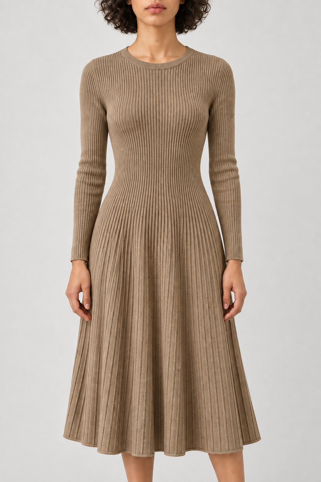 Ribbed Flared Dress, Taupe Camel, front