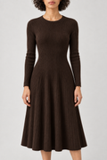 Ribbed Flared Dress, Chocolate Brown, front