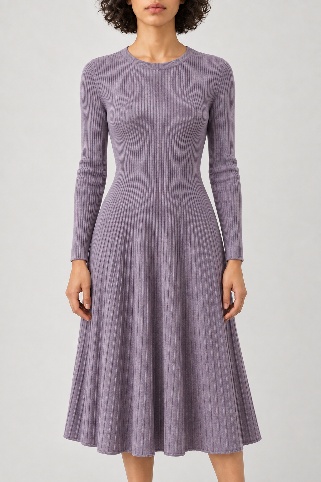 Ribbed Flared Dress, Taro Purple, front