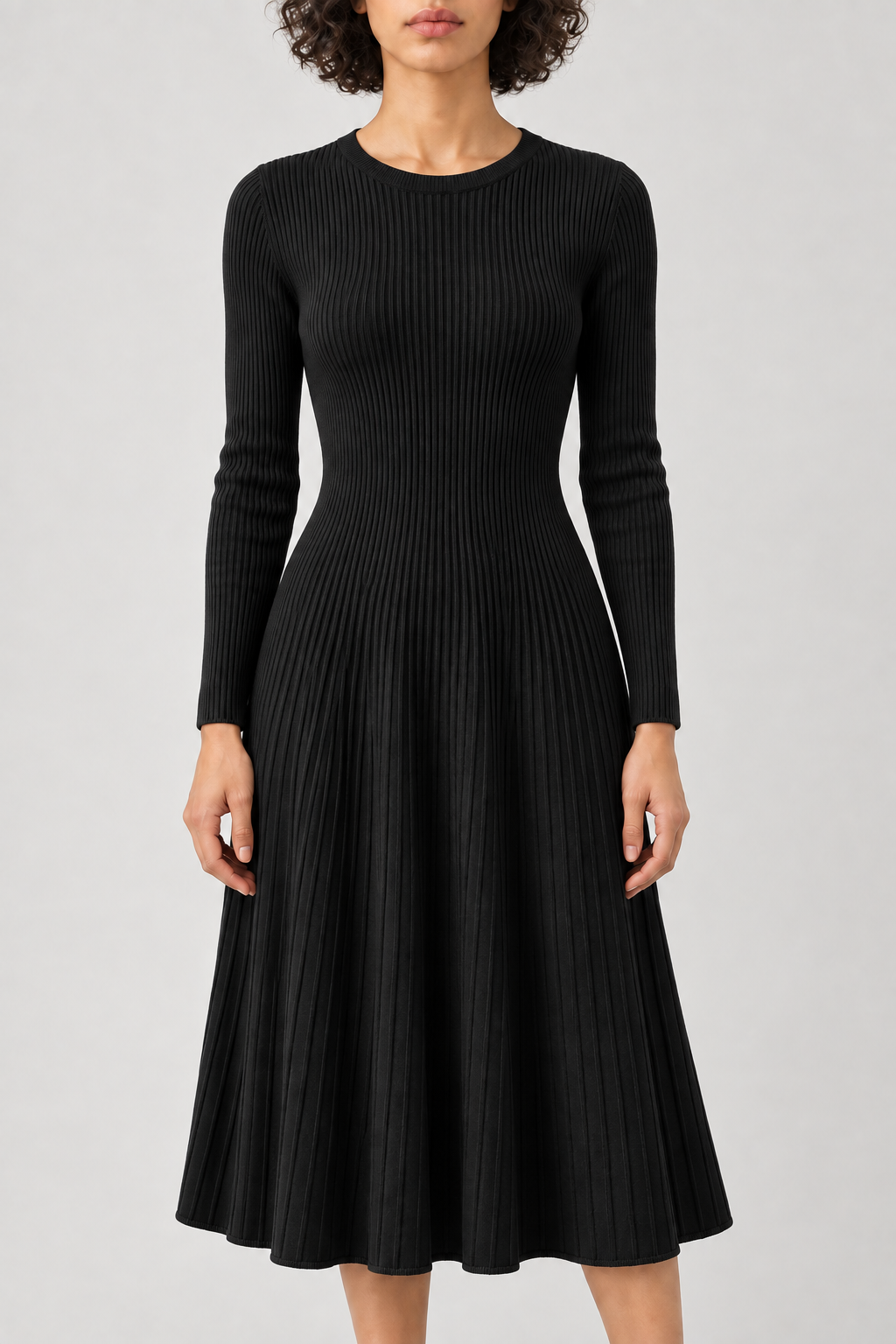 Ribbed Flared Dress, Black, front