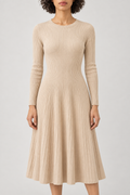 Ribbed Flared Dress, Light beige, front