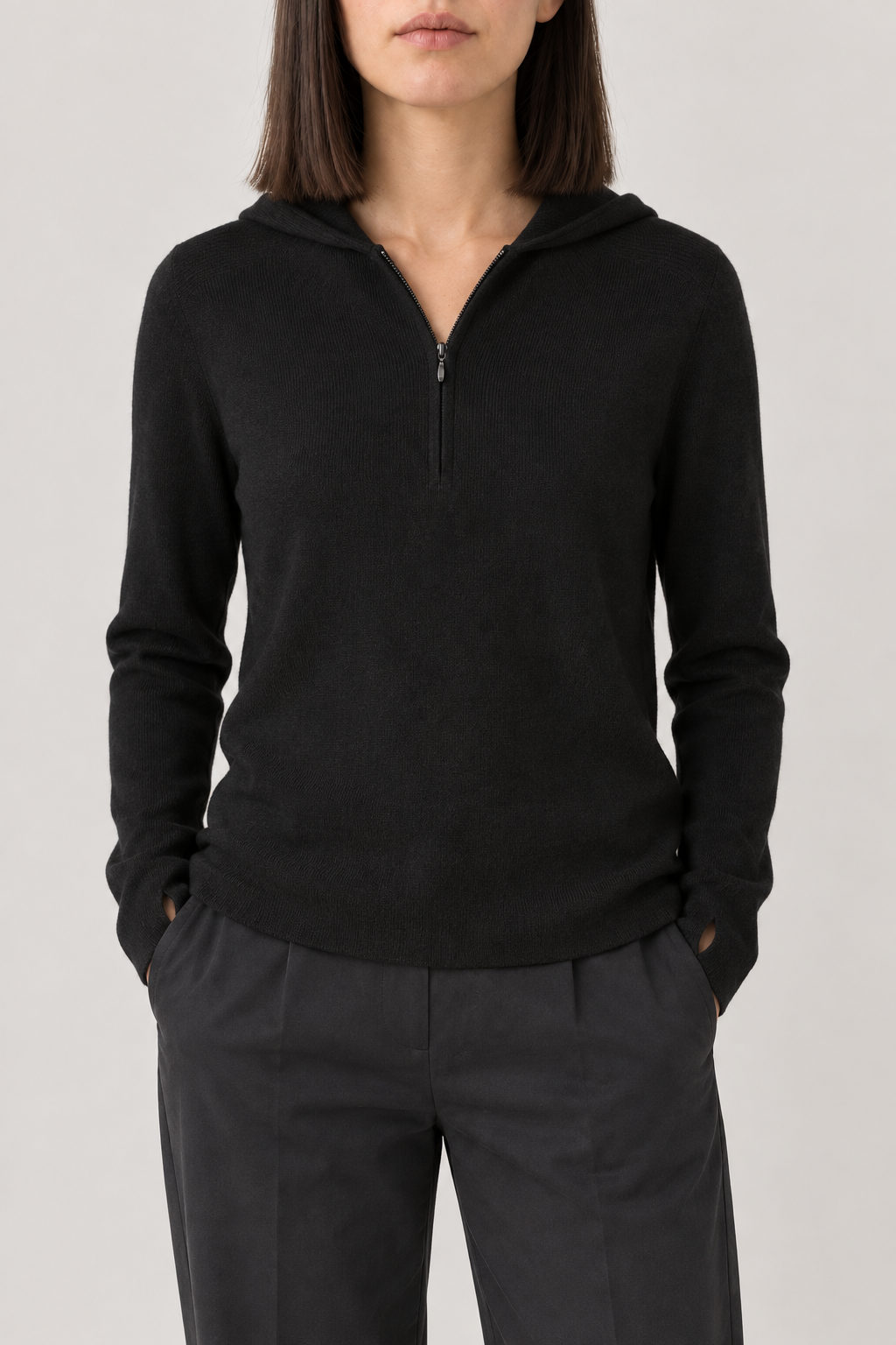 Merino Seamless Zip Hoodie, Black, front