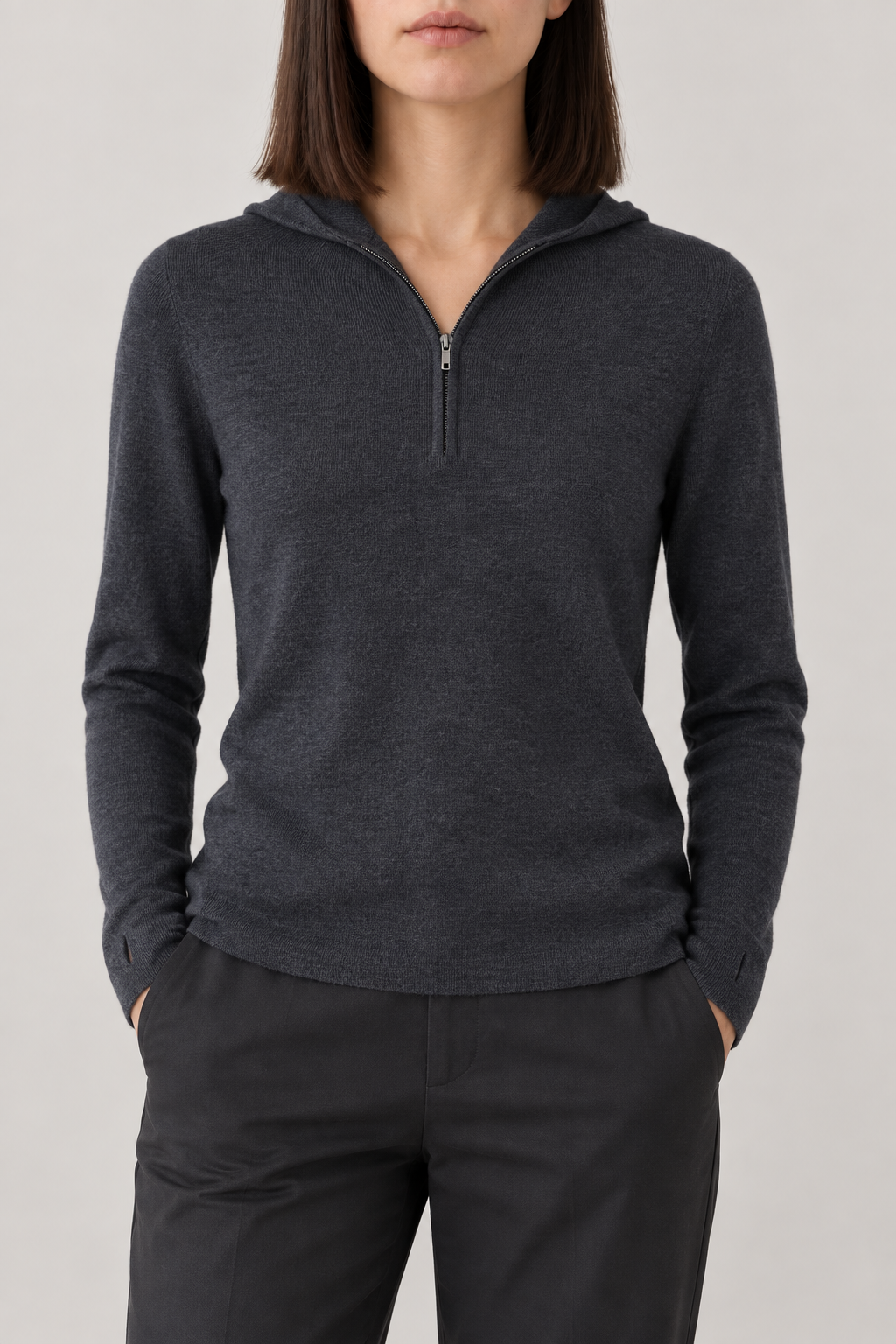 Merino Seamless Zip Hoodie, Slate Grey, front
