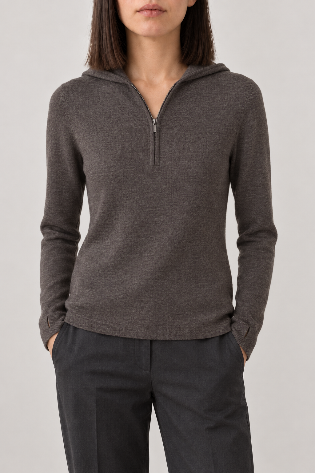 Merino Seamless Zip Hoodie, Tobacco Brown, front