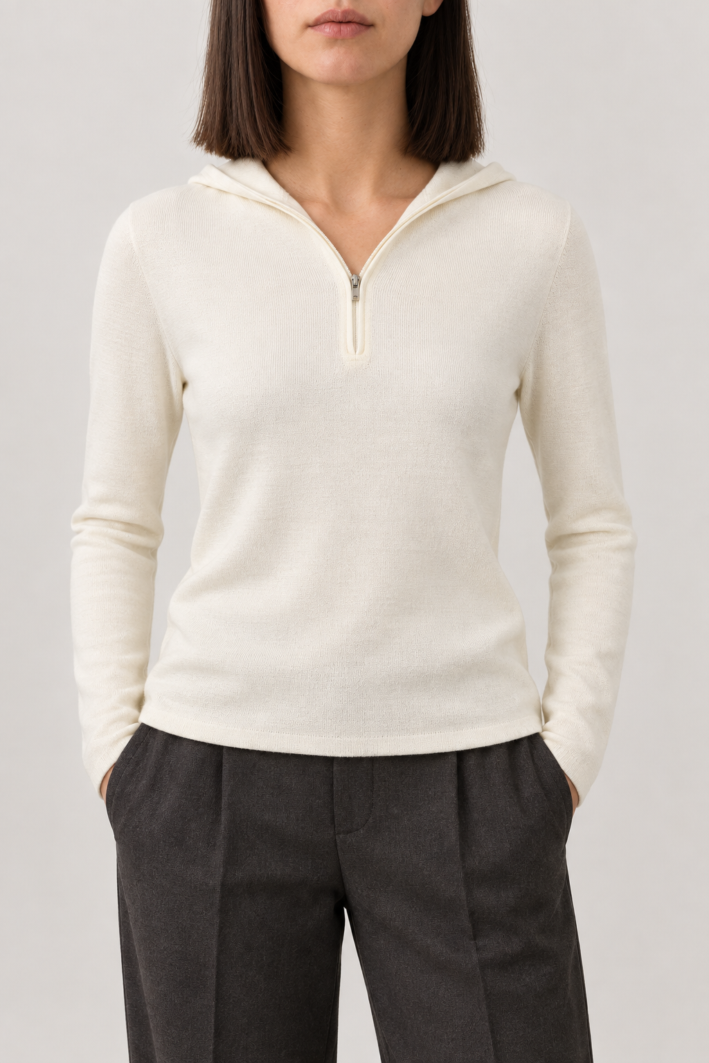 Merino Seamless Zip Hoodie, Milky White, front