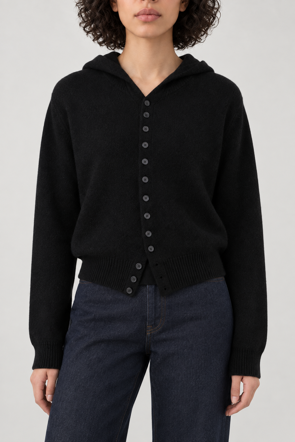 Cashmere Cropped Hooded Cardigan, Black, front