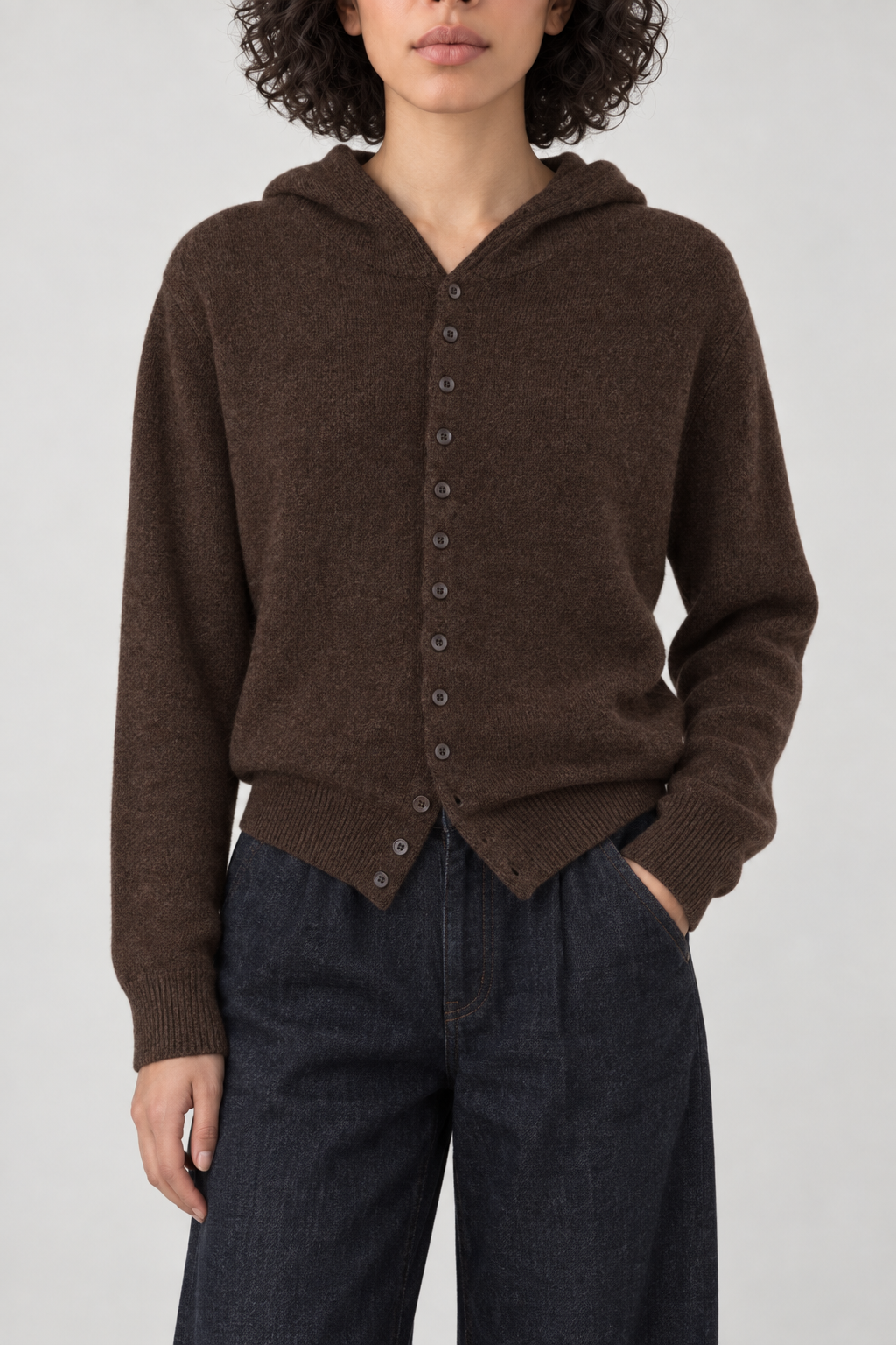 Cashmere Cropped Hooded Cardigan, Coffee Brown, front