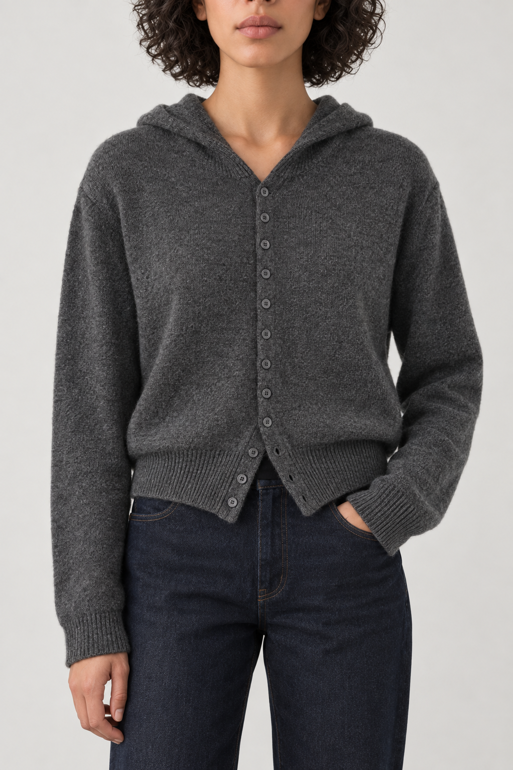 Cashmere Cropped Hooded Cardigan, Charcoal Grey, front