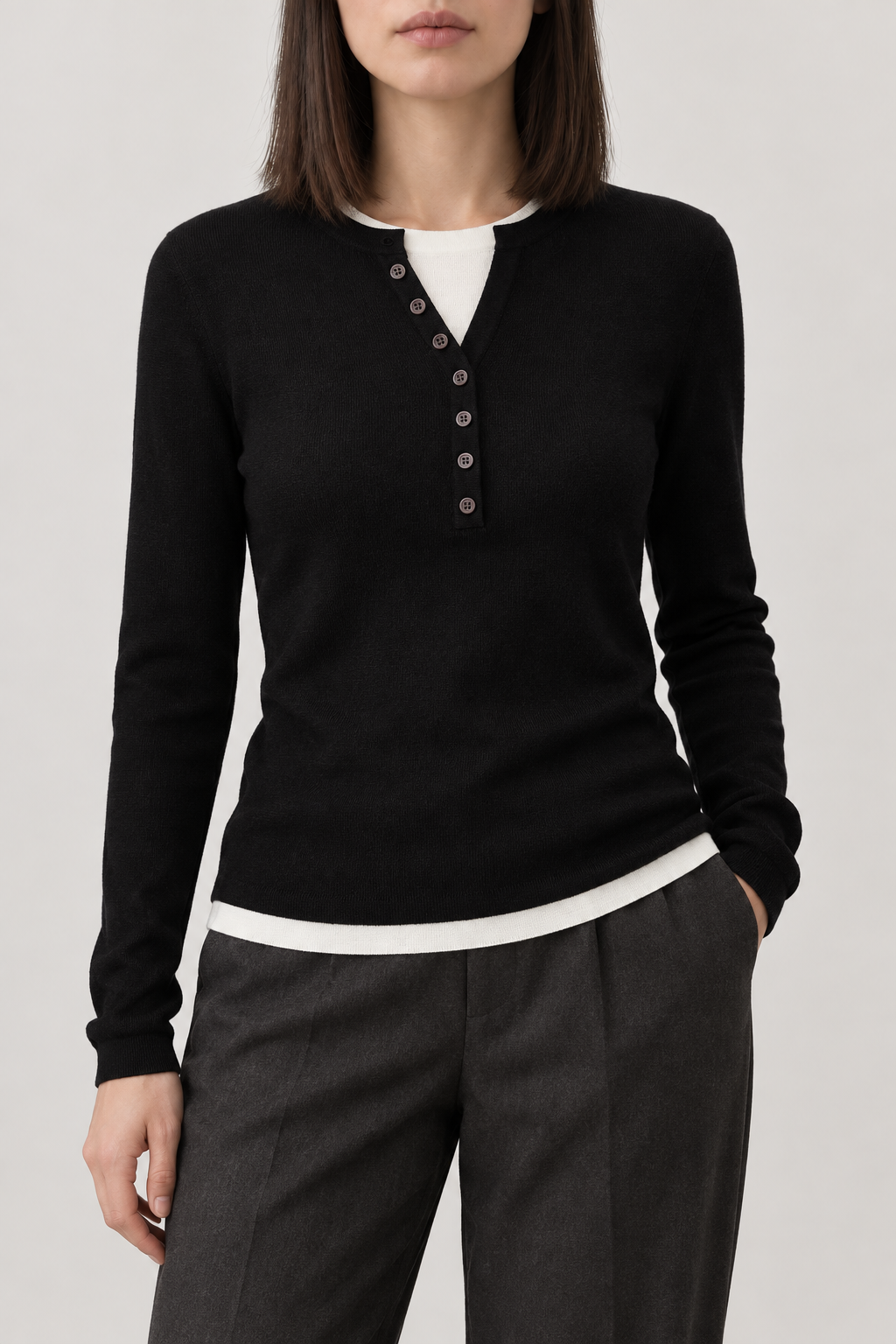 Merino Layered Henley Sweater, Black, front