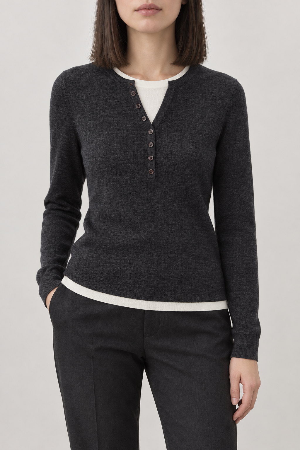 Merino Layered Henley Sweater, Charcoal, front