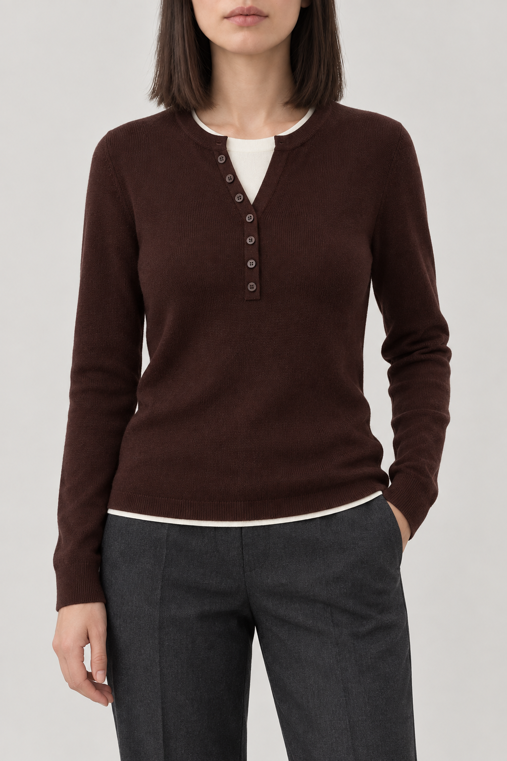 Merino Layered Henley Sweater, Chestnut, front