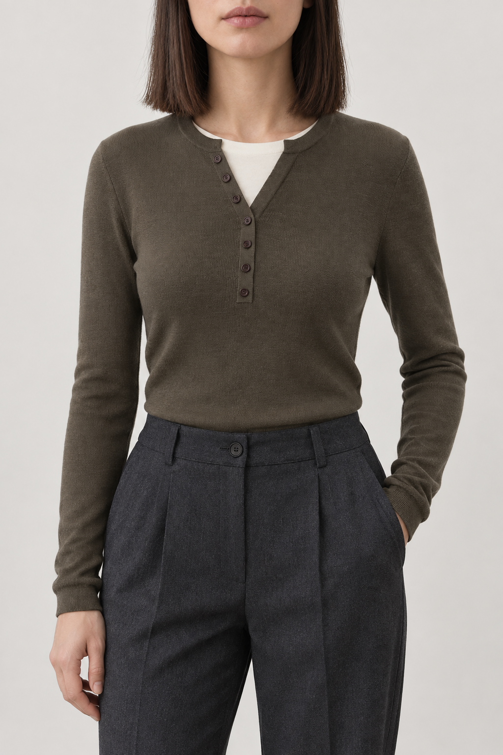 Merino Layered Henley Sweater, Olive Brown, front