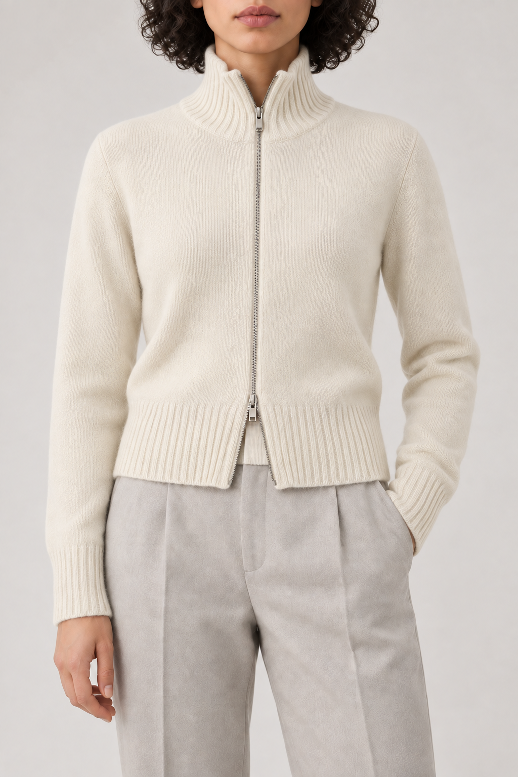 Cashmere Cropped Zip Jacket, Ivory, front