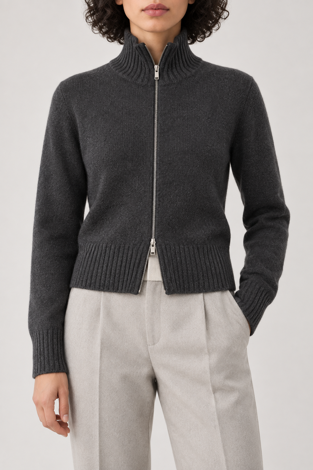 Cashmere Cropped Zip Jacket, Charcoal Grey, front