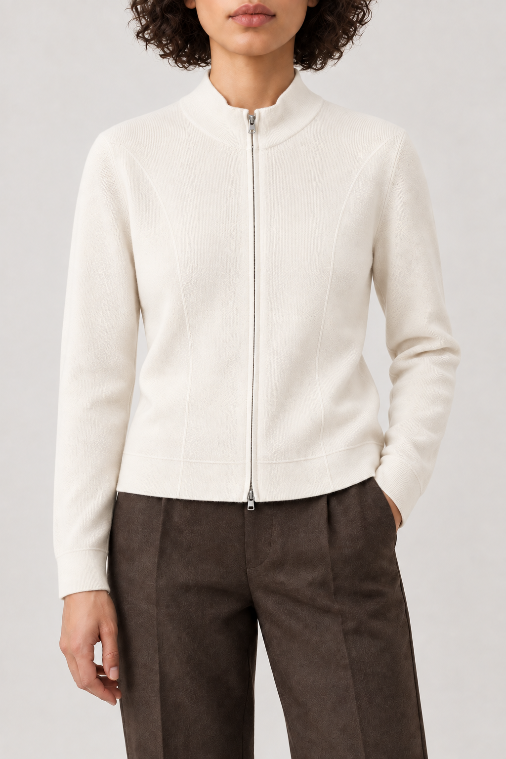 Shaped Zip Cardigan, Milky White, front