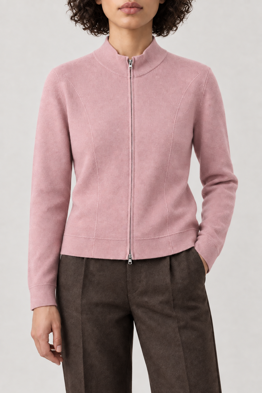 Shaped Zip Cardigan, Soft Pink, front