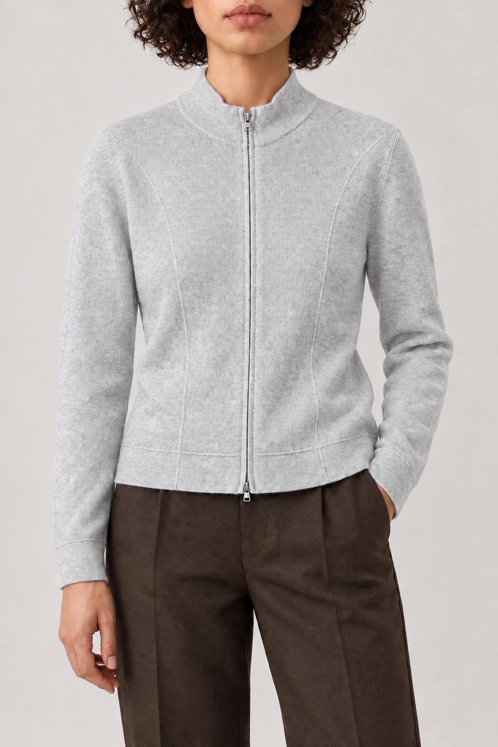 Shaped Zip Cardigan, Fog Grey, front